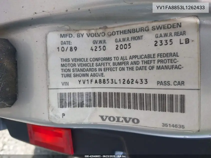 1990 Volvo 740 Gl VIN: YV1FA8853L1262433 Lot: 42548603