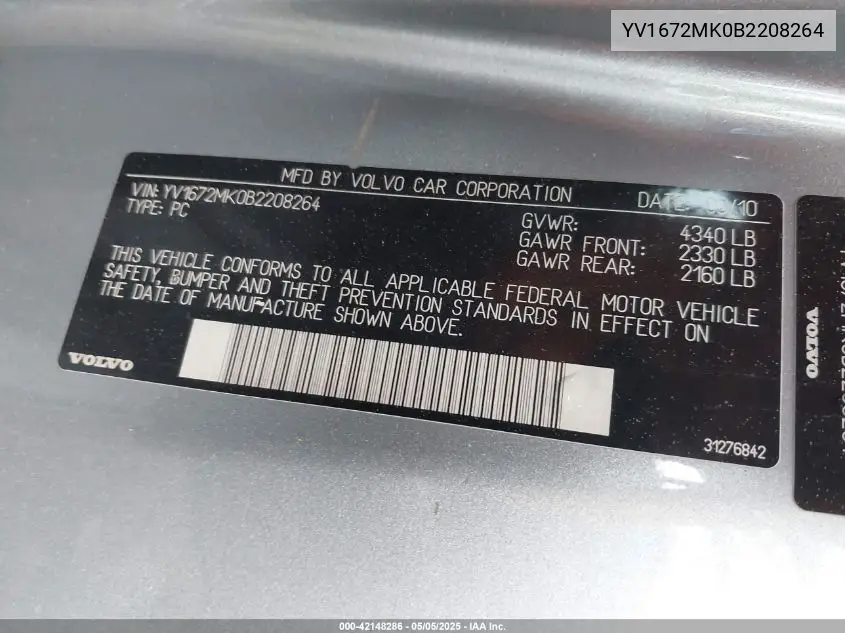 2011 Volvo C30 T5/T5 R-Design VIN: YV1672MK0B2208264 Lot: 42148286