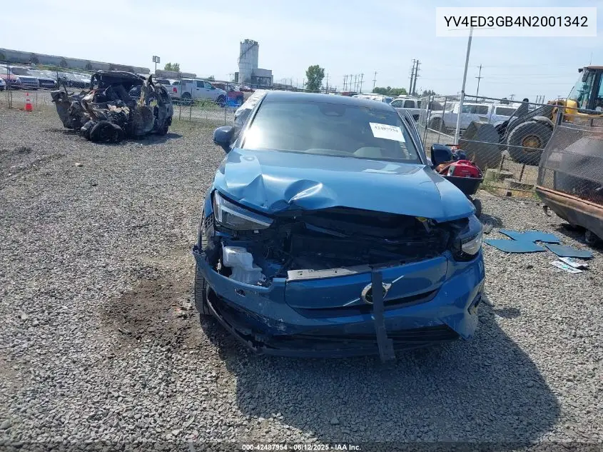 2022 Volvo C40 Recharge Pure Electric P8 Ultimate VIN: YV4ED3GB4N2001342 Lot: 42487954