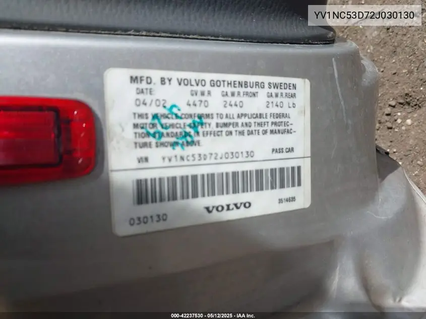 2002 Volvo C70 Ht VIN: YV1NC53D72J030130 Lot: 42237530