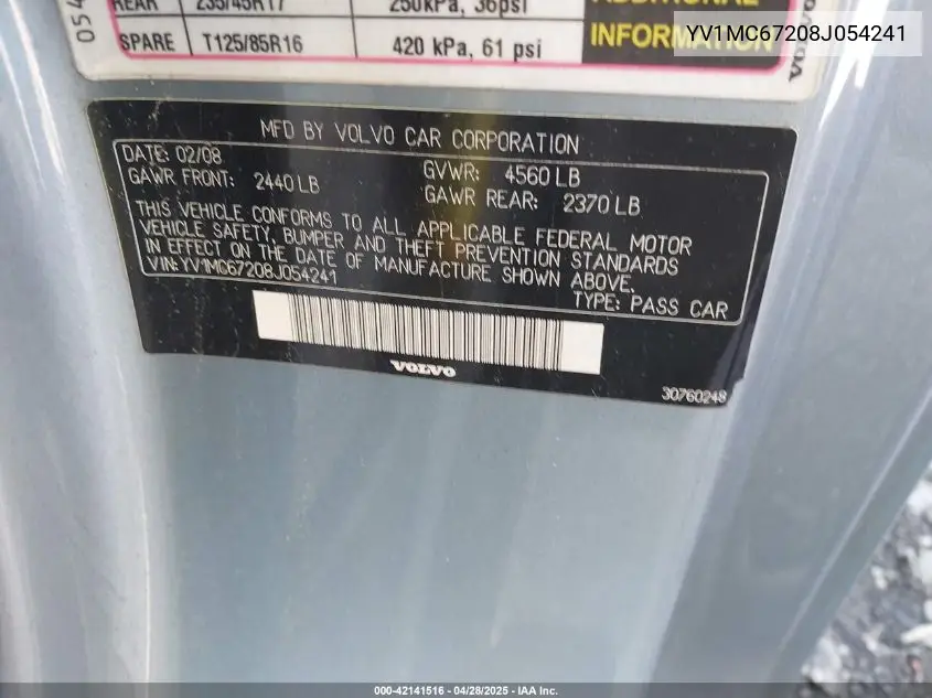 2008 Volvo C70 T5 VIN: YV1MC67208J054241 Lot: 42141516