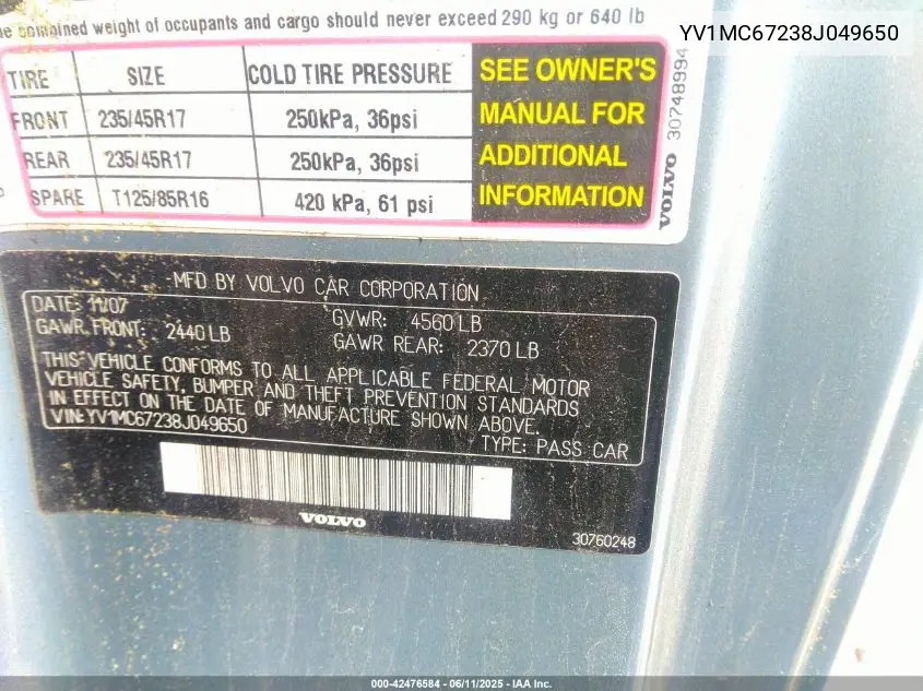 2008 Volvo C70 T5/T5 M VIN: YV1MC67238J049650 Lot: 42476584