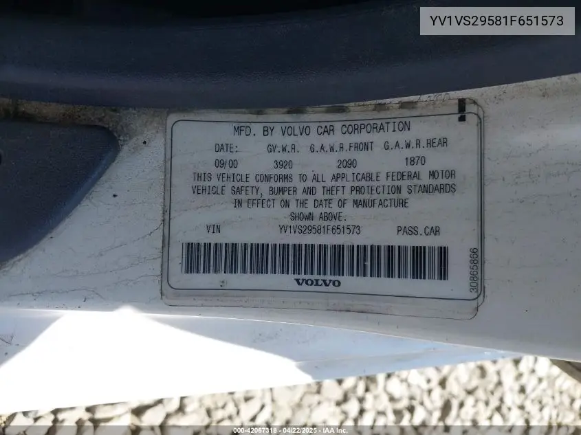 2001 Volvo S40 A/Sport Edition VIN: YV1VS29581F651573 Lot: 42067318