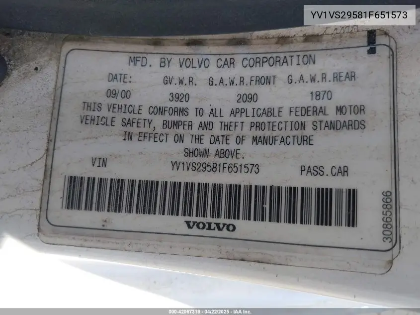2001 Volvo S40 A/Sport Edition VIN: YV1VS29581F651573 Lot: 42067318