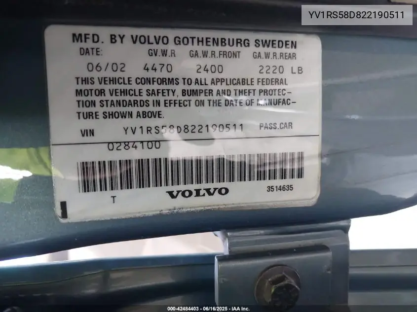 2002 Volvo S60 2.4T VIN: YV1RS58D822190511 Lot: 42484403