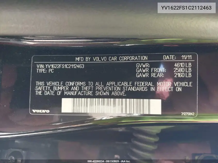 2012 Volvo S60 T5 VIN: YV1622FS1C2112463 Lot: 42250234