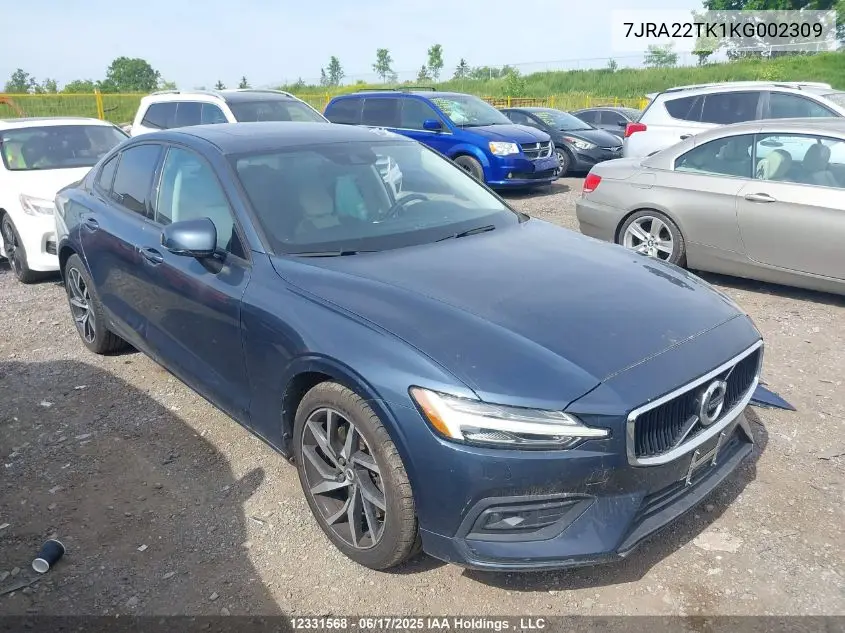 2019 Volvo S60 T6 Momentum VIN: 7JRA22TK1KG002309 Lot: 12331568