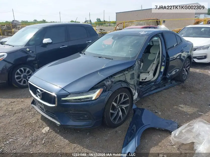 2019 Volvo S60 T6 Momentum VIN: 7JRA22TK1KG002309 Lot: 12331568