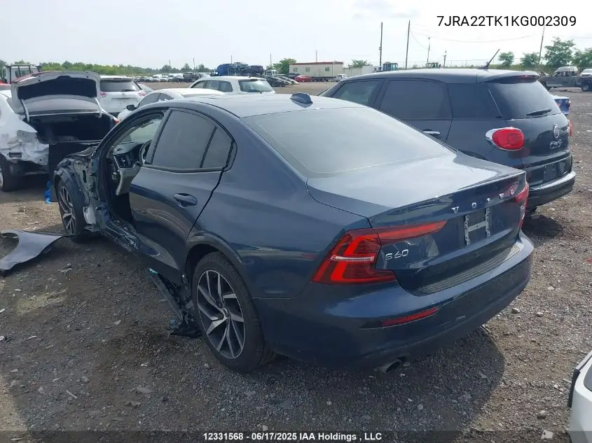 2019 Volvo S60 T6 Momentum VIN: 7JRA22TK1KG002309 Lot: 12331568