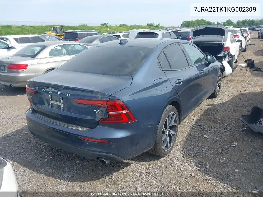 2019 Volvo S60 T6 Momentum VIN: 7JRA22TK1KG002309 Lot: 12331568