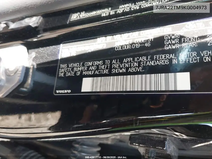 2019 Volvo S60 T6 R-Design VIN: 7JRA22TM9KG004973 Lot: 42617733