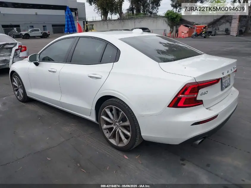 2021 Volvo S60 T6 Momentum VIN: 7JRA22TK5MG094639 Lot: 42164874