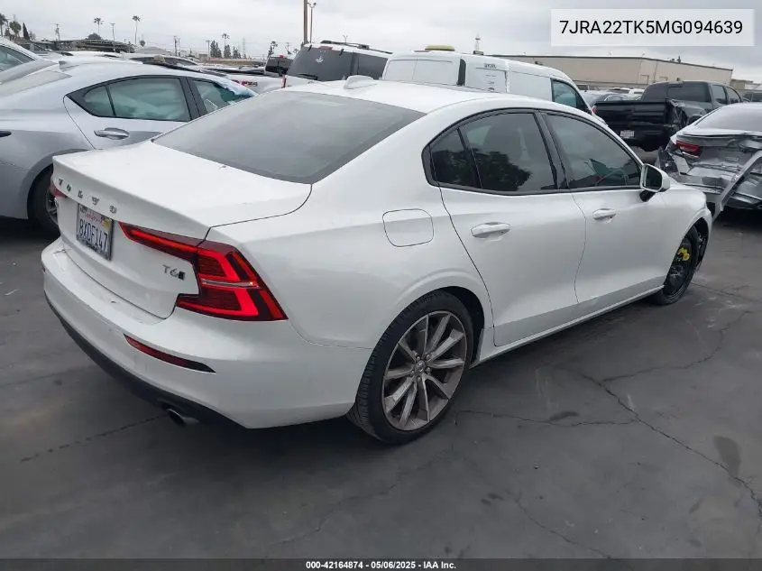 2021 Volvo S60 T6 Momentum VIN: 7JRA22TK5MG094639 Lot: 42164874