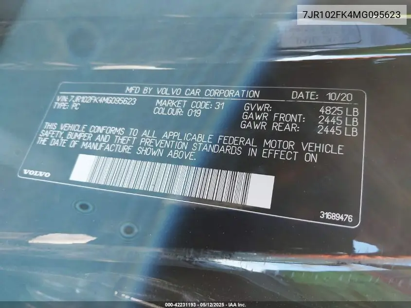 2021 Volvo S60 T5 Momentum VIN: 7JR102FK4MG095623 Lot: 42231193
