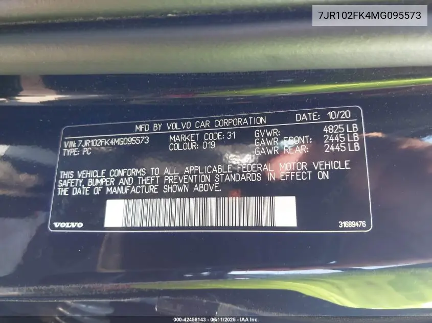 2021 Volvo S60 T5 Momentum VIN: 7JR102FK4MG095573 Lot: 42458143
