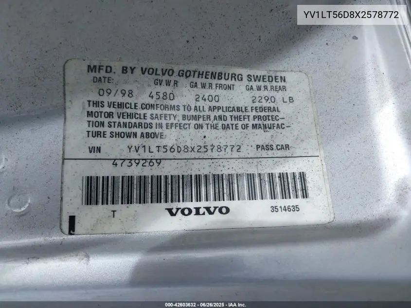 1999 Volvo S70 VIN: YV1LT56D8X2578772 Lot: 42603632