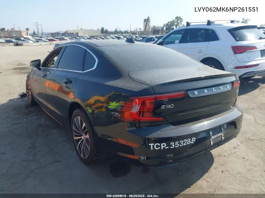 2022 Volvo S90 B6 Momentum VIN: LVY062MK6NP261551 Lot: 42599016