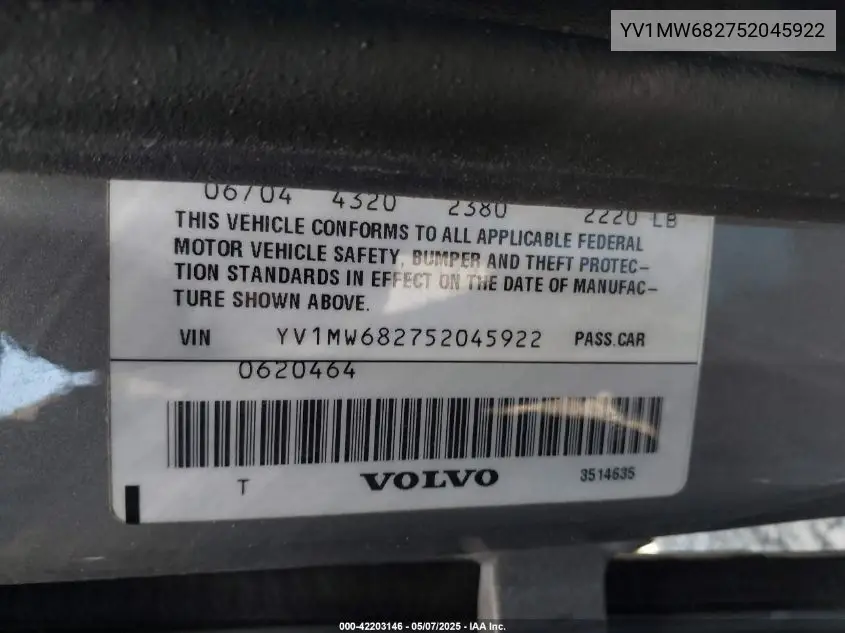 2005 Volvo V50 T5 VIN: YV1MW682752045922 Lot: 42203146