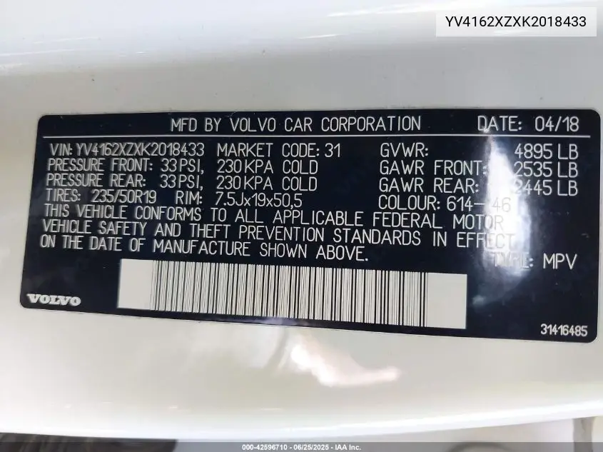 2019 Volvo Xc40 T5 Momentum/T5 R-Design VIN: YV4162XZXK2018433 Lot: 42596710