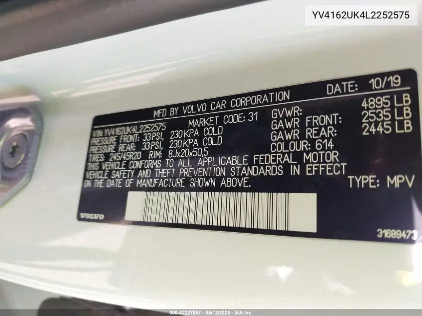 2020 Volvo Xc40 T5 Momentum VIN: YV4162UK4L2252575 Lot: 42227857