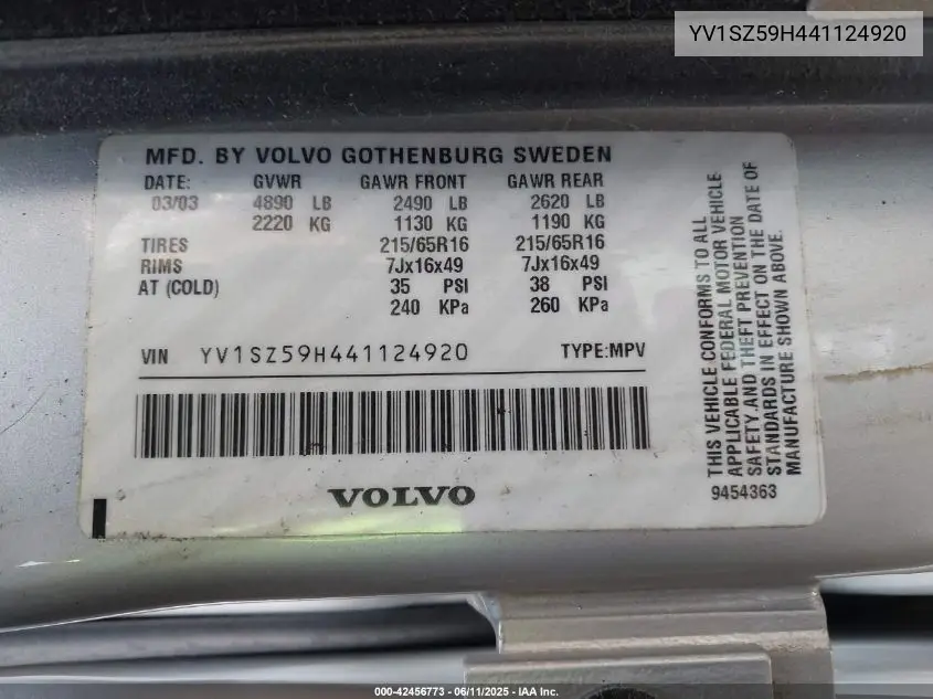 2004 Volvo Xc70 2.5T VIN: YV1SZ59H441124920 Lot: 42456773