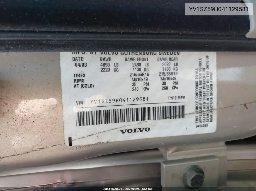 2004 Volvo Xc70 2.5T VIN: YV1SZ59H041129581 Lot: 42620521