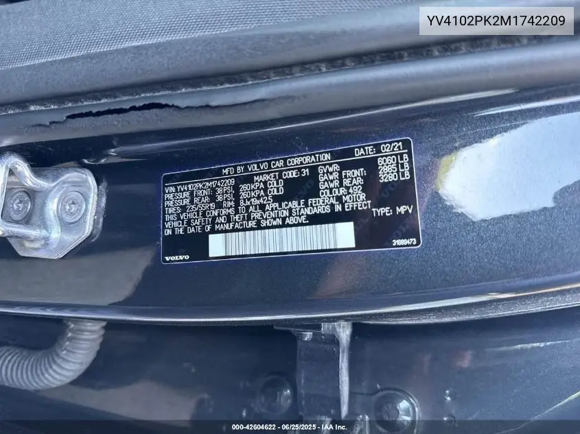 2021 Volvo Xc90 T5 Momentum VIN: YV4102PK2M1742209 Lot: 42604622