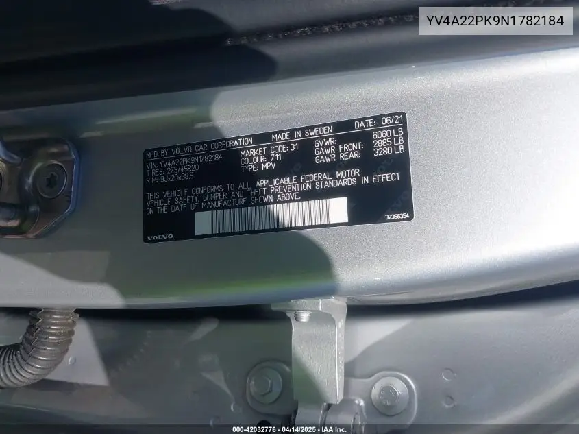2022 Volvo Xc90 T6 Momentum VIN: YV4A22PK9N1782184 Lot: 42032776