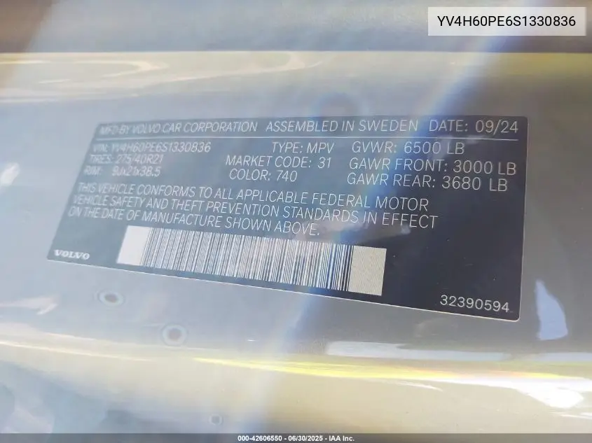 2025 Volvo Xc90 Plug-In Hybrid T8 Plus 7-Seater VIN: YV4H60PE6S1330836 Lot: 42606550